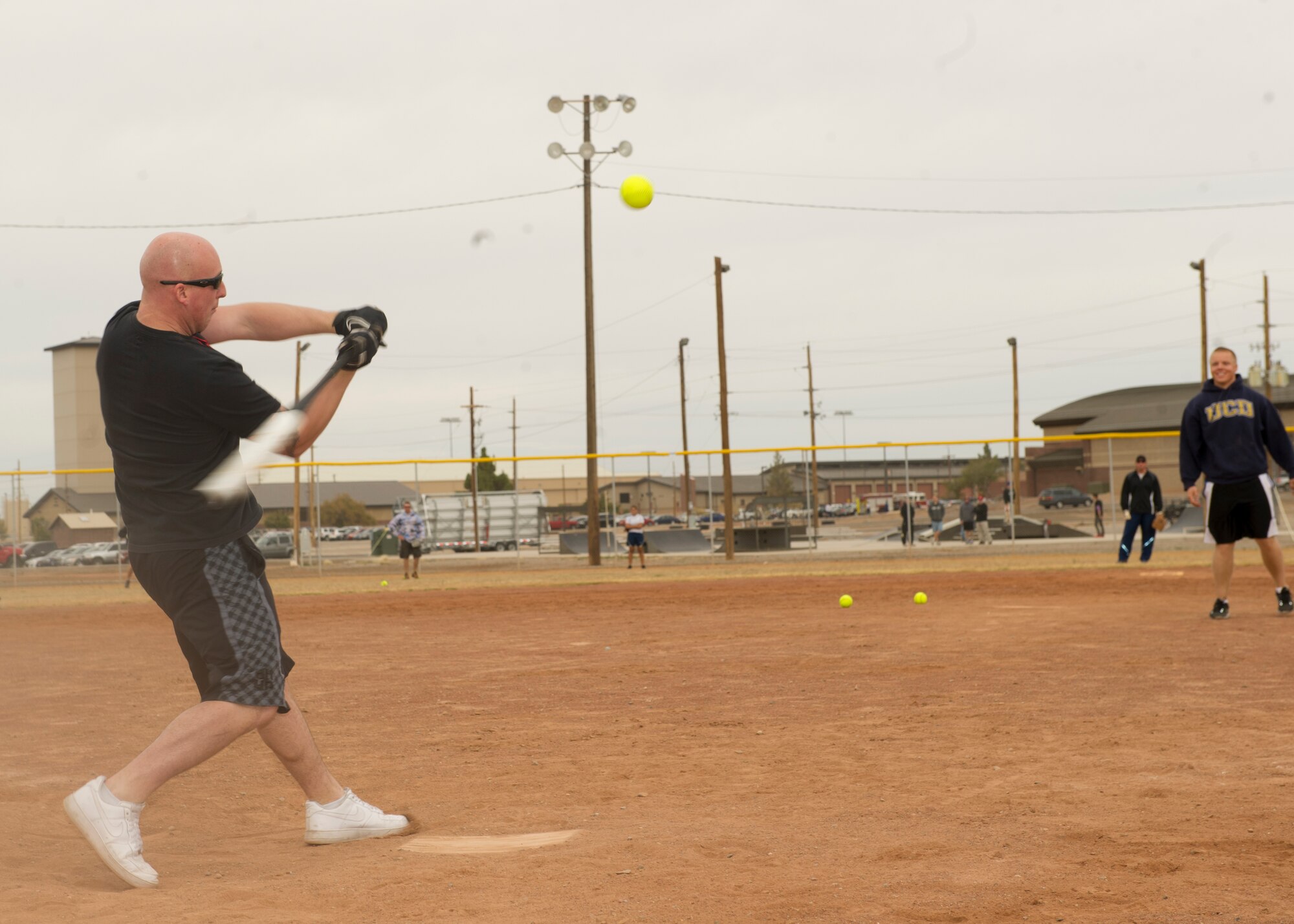 A member of Team Holloman participates in the home run derby as a part of Sports Day at Holloman Air Force Base N.M., Nov. 15. Sports Day is an annual event held through the Domenici Fitness and Sports Center, in which Holloman units compete against one another in various team and individual events. (U.S. Air Force photo by Airman 1st Class Chase Cannon/Released)