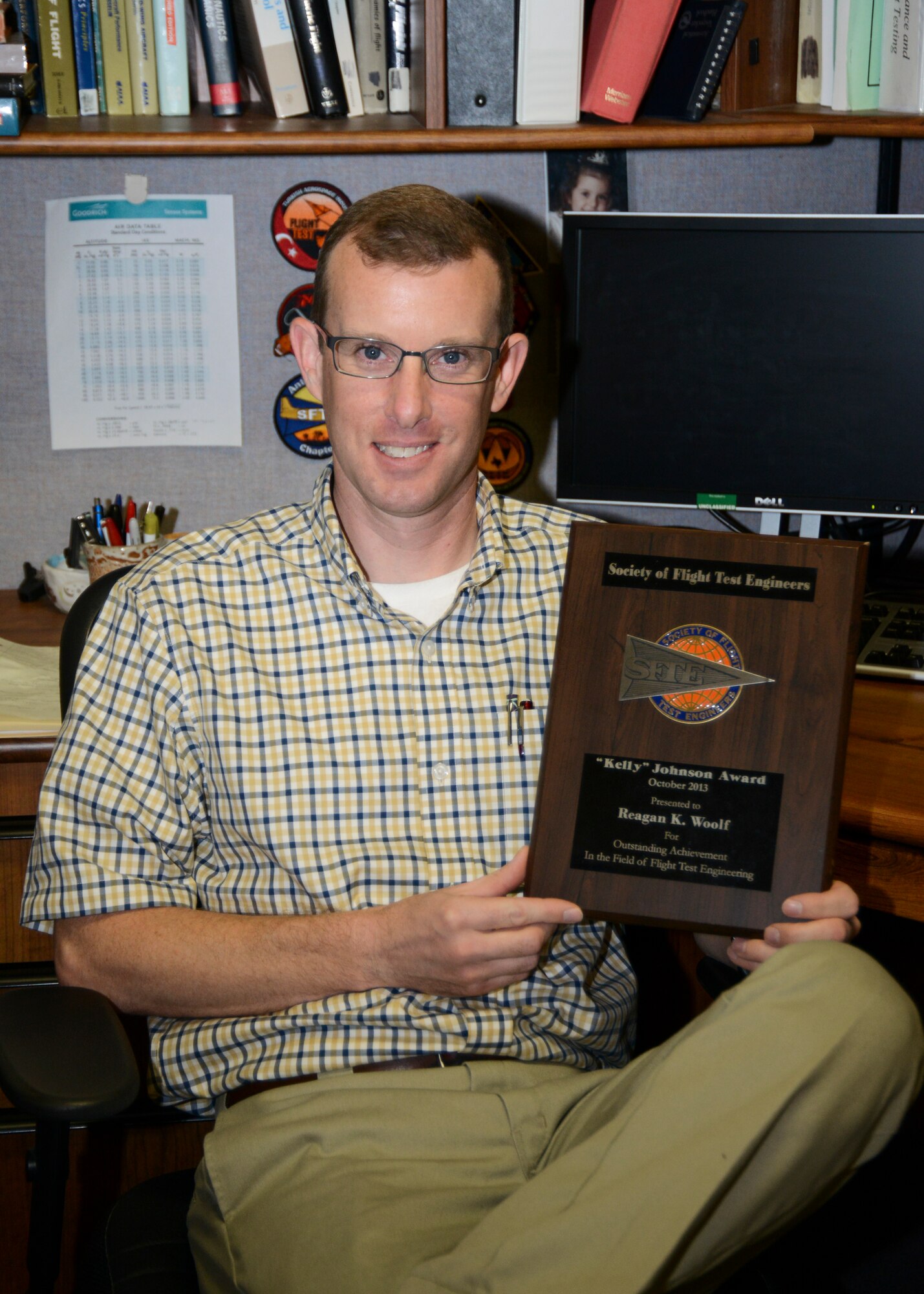 Reagan Woolf, an Aircraft Performance engineer with the 773rd Test Squadron, was presented with the annual “Kelly” Johnson Award by the Society of Flight Test Engineers for his outstanding achievement in the field of flight test engineering. (U.S. Air Force photo by Rebecca Amber)