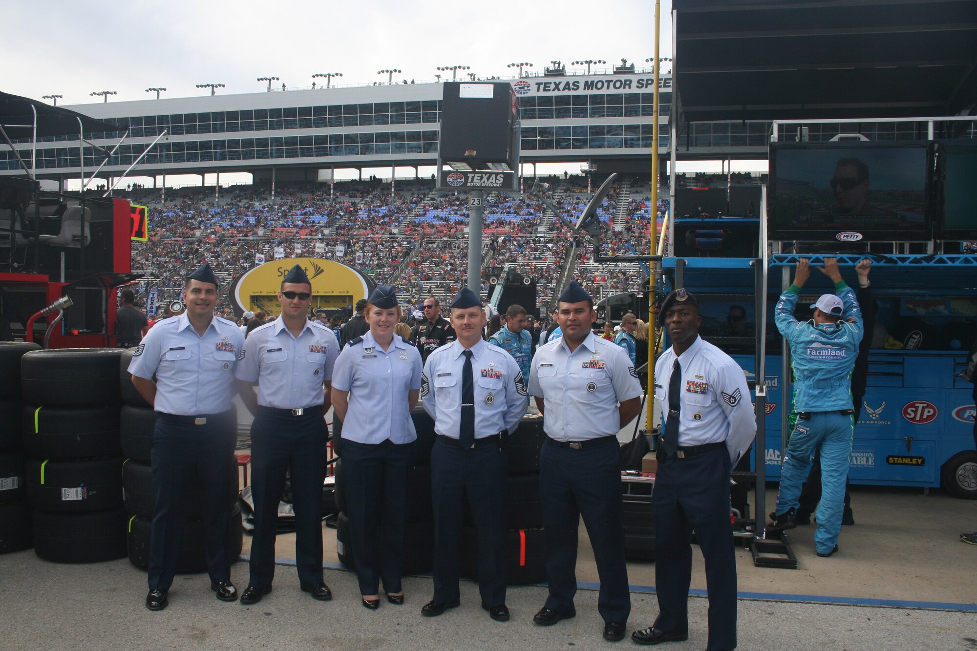 Members of the 344th Recruiting Squadron H-Flight gather for a photo at Texas Motor Speedway. From left are: Tech. Sgt. Jesus Cerillo, Staff Sgt. Nicholas Ablay, 1st Lt. Deanna Franzen, Senior Master Sgt. Todd Maloney, Staff Sgt. Fernando Zavaleta and Staff Sgt. Escott Solomon. (U.S. Air Force photo)