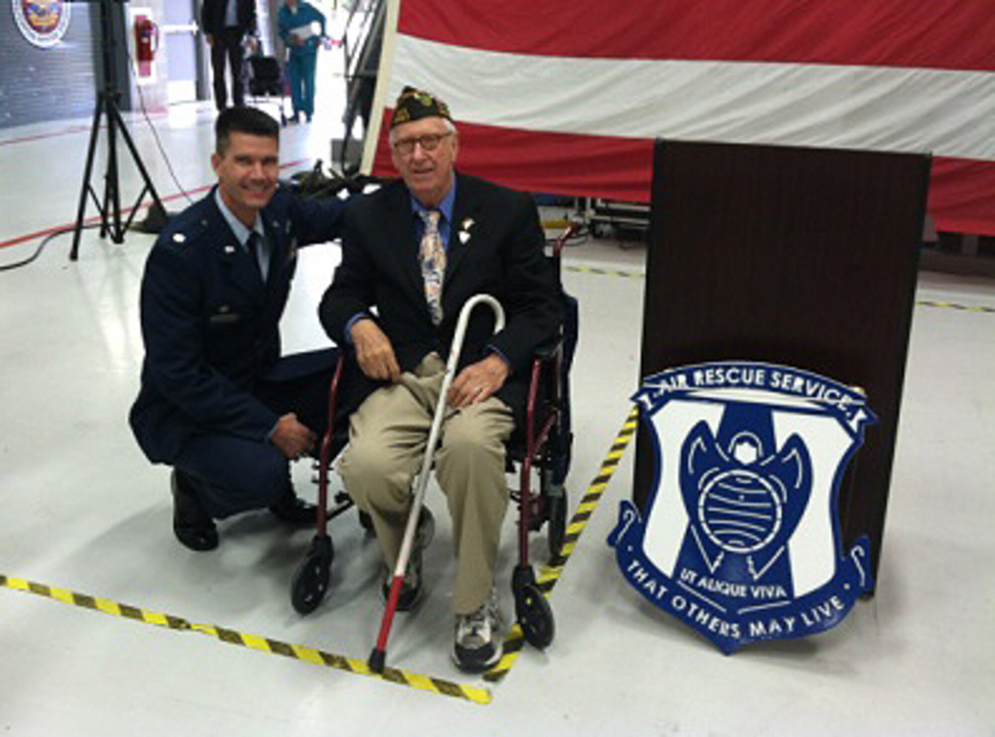 Bill Steffens (right), an Air Force veteran who served from 1943-1953, was honored in a ceremony Oct. 17 in Traverse City, Mich. Lt. Col. Chad Rauls, 339th RCS commander, visits with Steffens after the ceremony. (U.S. Air Force photo)
