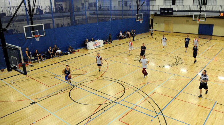 An overall view of the intramural basketball game at Fairchild Air Force Base, Wash., Nov. 14, 2013. The 2013-2014 season of intramural basketball has officially began at Fairchild Air Force Base.  There are 10 teams competing against each other for the championship. (U.S. Air Force photo by Airman 1st Class Ryan Zeski/Released)