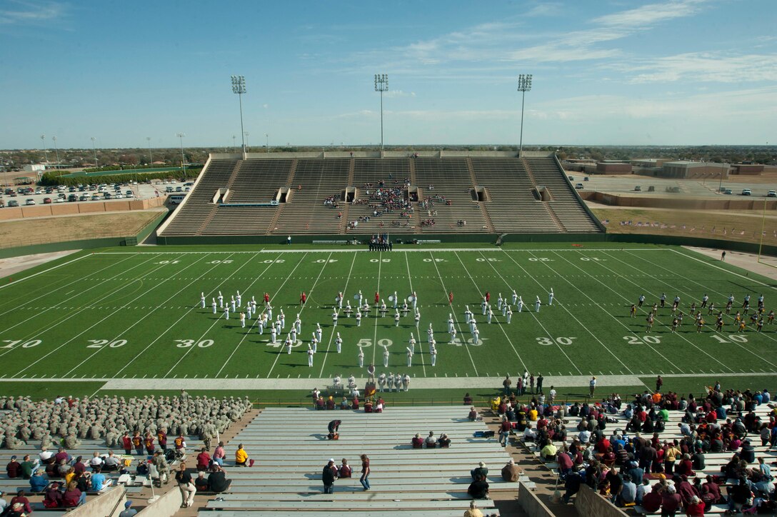 There was a military appreciation game in Wichita Falls, Texas Nov. 16. Military members marched on the field and were greeted by football players from local college, Midwestern State University. (U.S. Air Force photos by Airman 1st Class Jelani Gibson)