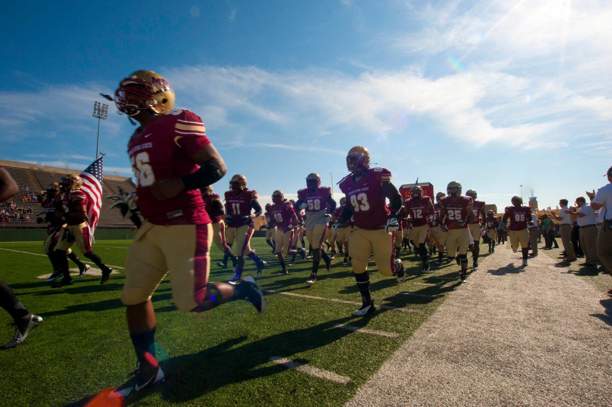 There was a military appreciation game in Wichita Falls, Texas Nov. 16. Military members marched on the field and were greeted by football players from local college, Midwestern State University. (U.S. Air Force photos by Airman 1st Class Jelani Gibson)