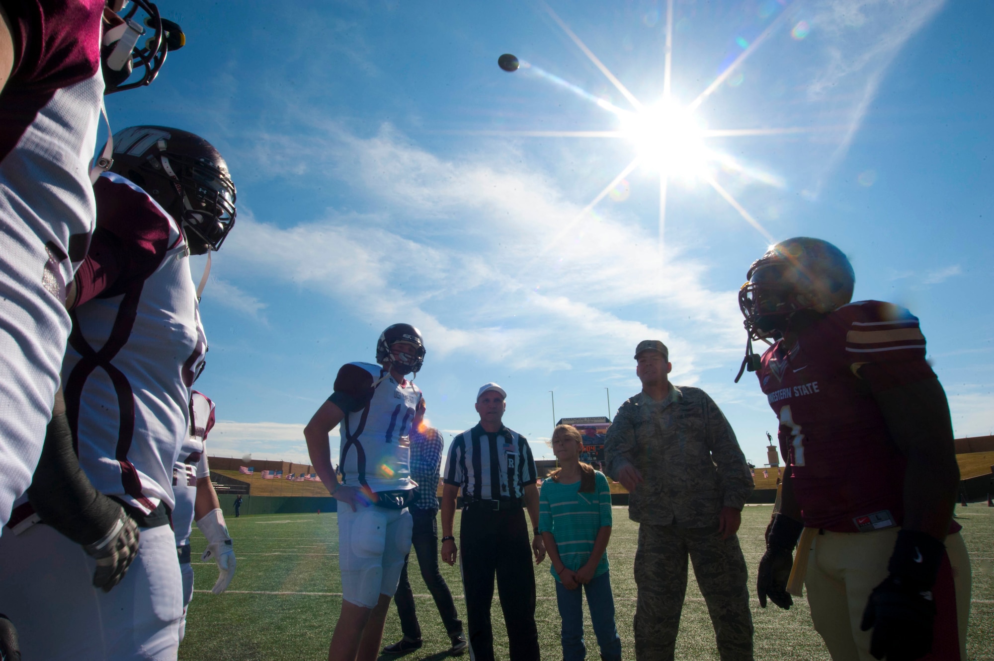 There was a military appreciation game in Wichita Falls, Texas Nov. 16. Military members marched on the field and were greeted by football players from local college, Midwestern State University. (U.S. Air Force photos by Airman 1st Class Jelani Gibson)