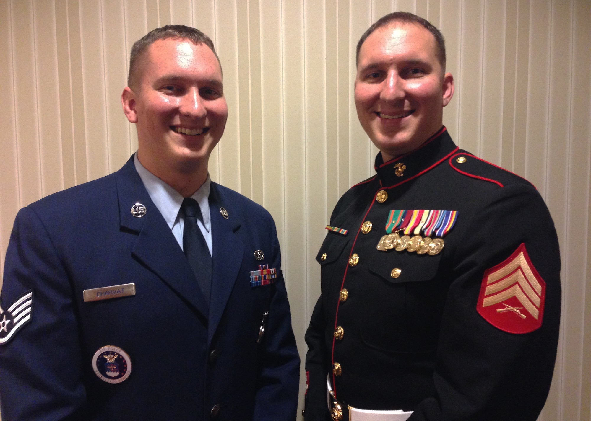 Air Force Staff Sgt. Andrew Charvat and his brother, Marine Corps Sgt. Matt Charvat, are recruiters assigned in their hometown of Mentor, Ohio. (Courtesy photo)