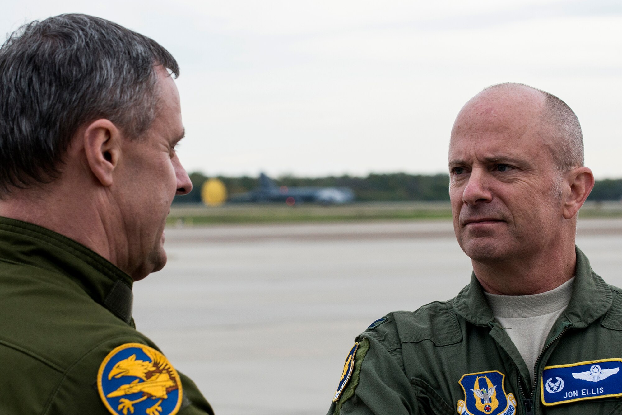 U.S. Air Force Col. Jonathan Ellis, 307th Bomb Wing commander, talks with Brig. Gen. Jiri Verner, Nov. 8, 2013, Barksdale Air Force Base, La. Verner, the Defense Attaché of the Czech Republic in the United States, accompanied the Jagello 2000, which is based in Ostrava, Czech Republic. (U.S. Air Force photo by Master Sgt. Greg Steele/Released)