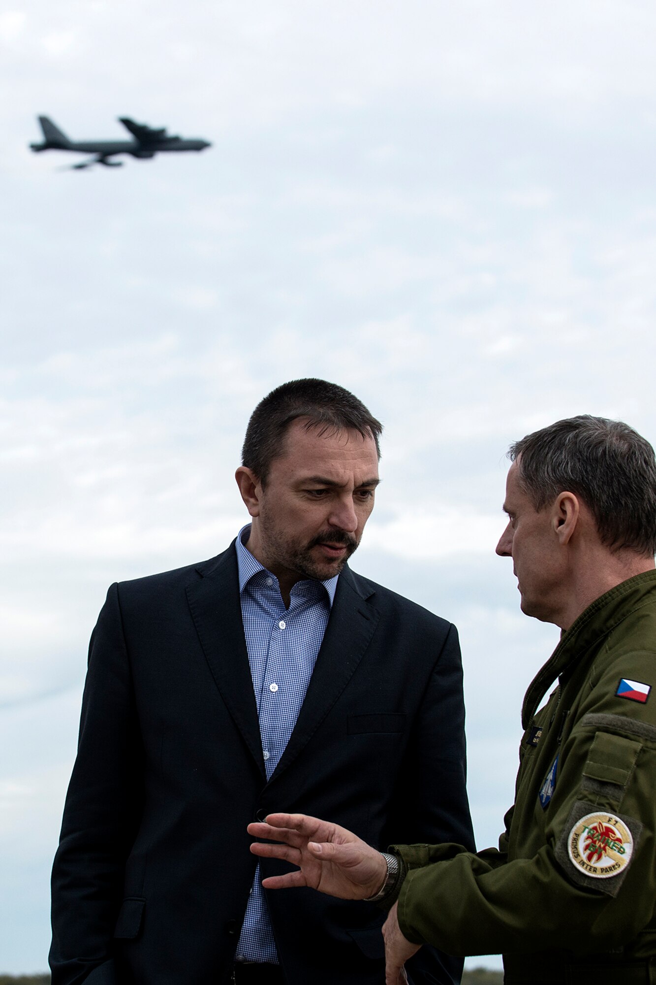 Zbynek Pavlacik (left), Chairman and Co-Founder of Jagello 2000, talks with Brig. Gen. Jiri Verner, the Defense Attaché of the Czech Republic in the United States, during their visit to Barksdale Air Force Base, La., Nov. 8, 2013. The Jagello 2000 is the top Czech non-profit organization focused on the activities in the field of public diplomacy and on support and presentation of NATO and security politics. (U.S. Air Force photo by Master Sgt. Greg Steele/Released)