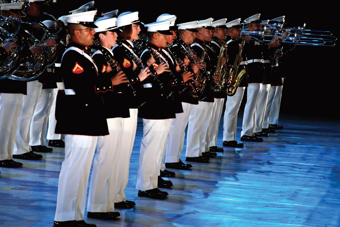 Members of the III Marine Expeditionary Force Band rehearse Nov. 14 at the Nippon Budokan Arena in Tokyo for the 2013 Japan Self-Defense Force Marching Festival.