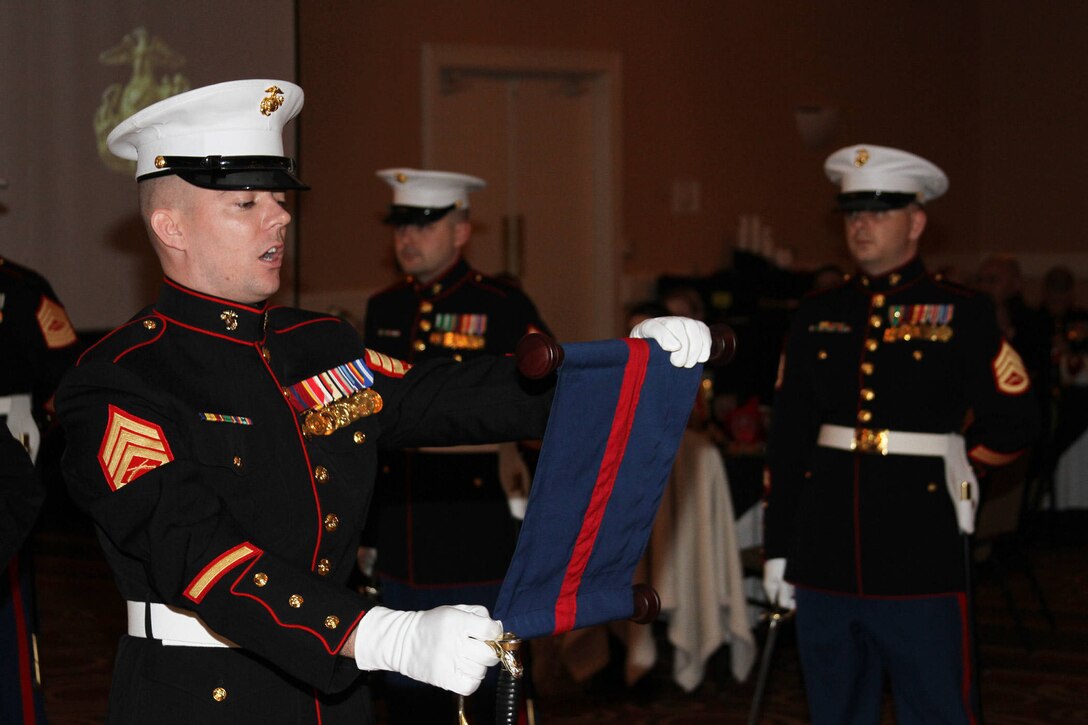 Staff Sergeant. Cory M. Parker, a recruiter with Recruiting Station
Jacksonville reads Commandant's John A. Lejeune's birthday message during
the 238th Marine Corps Birthday Ball ceremony at the Wyndham Jacksonville
Riverwalk hotel Nov. 16, 2013.
