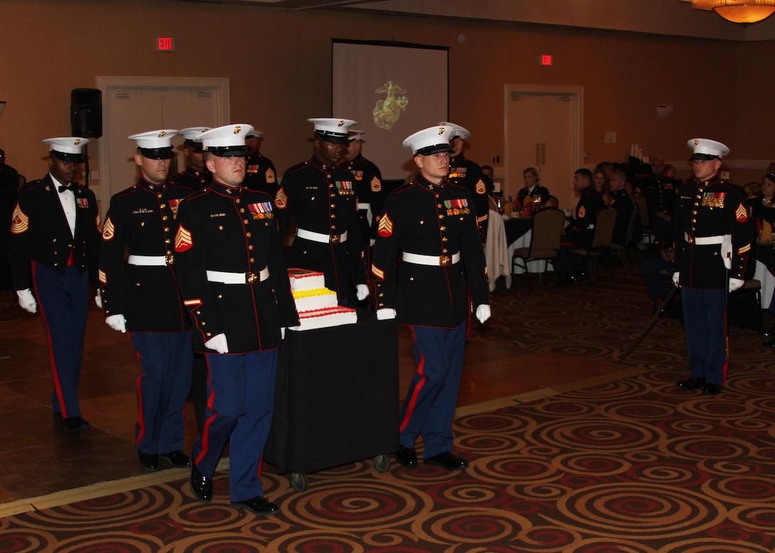 Marines with Recruiting Station Jacksonville scort the Marine Corps cake
during the 238th Marine Corps Birthday Ball ceremony at the Wyndham
Jacksonville Riverwalk Nov. 16, 2013.
