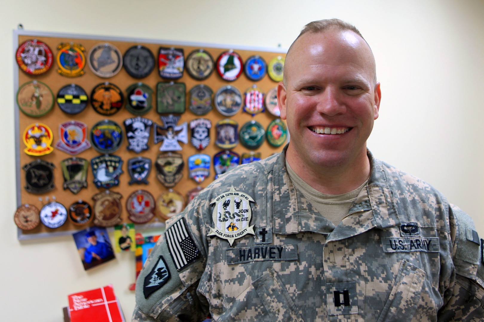 Army Capt. David Harvey, a former Marine and now chaplain with the Rhode Island Army National Guard's 1st Battalion, 126th Aviation Regiment currently deployed to Camp Buehring, Kuwait, volunteered to provide chaplain services to Marine Medium Tiltrotor Squadron 261 (Reinforced), 24th Marine Expeditionary Unit, while they conducted sustainment training in Kuwait.