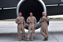 U.S. Air Force 22nd Expeditionary Air Refueling Squadron members 1st Lt. Josh Ishiki, copilot, Capt. Michael Curtis, aircraft commander and Master Sgt. Eric Faurott, boom operator, give the shaka or hang loose sign after a mission on the flightline, Transit Center at Manas, Kyrgyzstan, Aug. 2, 2012. The shaka sign is native to Hawaii and is a sign of salutation that means friendship. The three team members are all members of the Hawaiian Air National Guard who work together to fuel the fight for Operation Enduring Freedom.  The group is one of the many 22nd EARS crew who flies the KC-135 Stratotanker over Afghanistan to provide aerial refueling support to Air Force, Navy, Marine Corps and allied nation aircraft.
