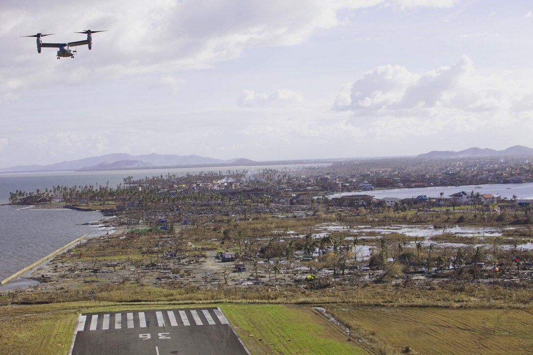 LEYTE, Republic of the Philippines— An MV-22B Osprey prepares to land on Tacloban Air Base, Nov. 16 during Operation Damayan. The Osprey provides a unique capability in this type of operation due to its vertical takeoff and landing capabilities and its ability to convert quickly to fixed wing configuration, giving it increased speed and range. The Osprey, with 3rd Marine Expeditionary Brigade’s aviation combat element, III Marine Expeditionary Force, is supporting the government of the Philippines in providing relief supplies and airlift capability for citizens affected by Typhoon Haiyan. (U.S. Marine Corps photo by Cpl. Jose D. Lujano/Released)