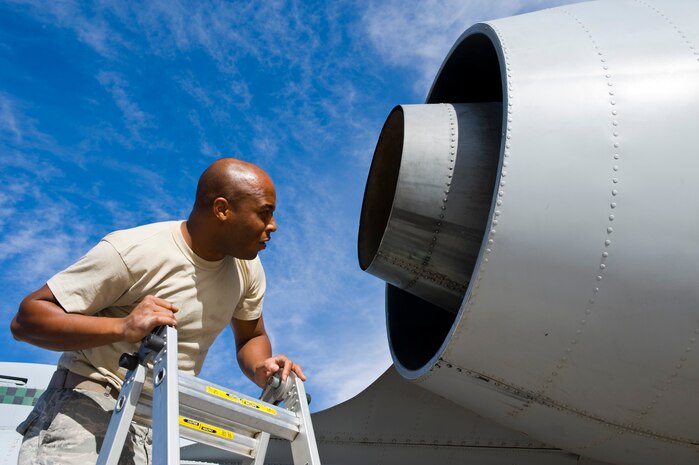 U.S. Air Force Staff Sgt. Michael Lloyd, 757th Aircraft Maintenance Squadron aerospace propulsion craftsman, checks an A-10 Thunderbolt II engine prior to flight Nov. 18, 2013, at Nellis Air Force Base, Nev. The A-10 Thunderbolt II can employ a wide variety of conventional munitions, including general purpose bombs, cluster bombs and laser guided bombs. (U.S. Air Force photo by Airman 1st Class Christopher Tam)