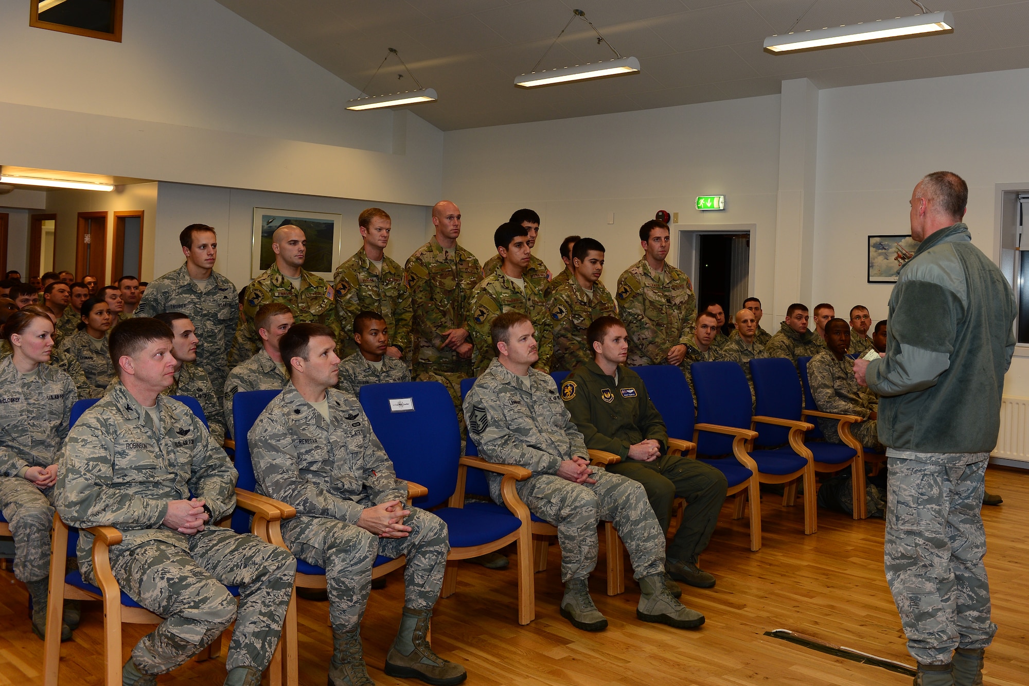 Lt. Gen. Craig Franklin, 3rd Air Force and 17th Expeditionary Air Force commander, thanks the 48th Rescue Squadron Guardian Angels deployed from Davis-Monthan Air Force Base, New Mexico for the unique capabilities they provide during these operations, Nov. 14, 2013. The 48th Air Expeditionary Group has been maintaining the North Atlantic Treaty Organization air surveillance and policing mission here since Oct. 28, 2013. (U.S. Air Force photo by Airman 1st Class Dana J. Butler/Released)