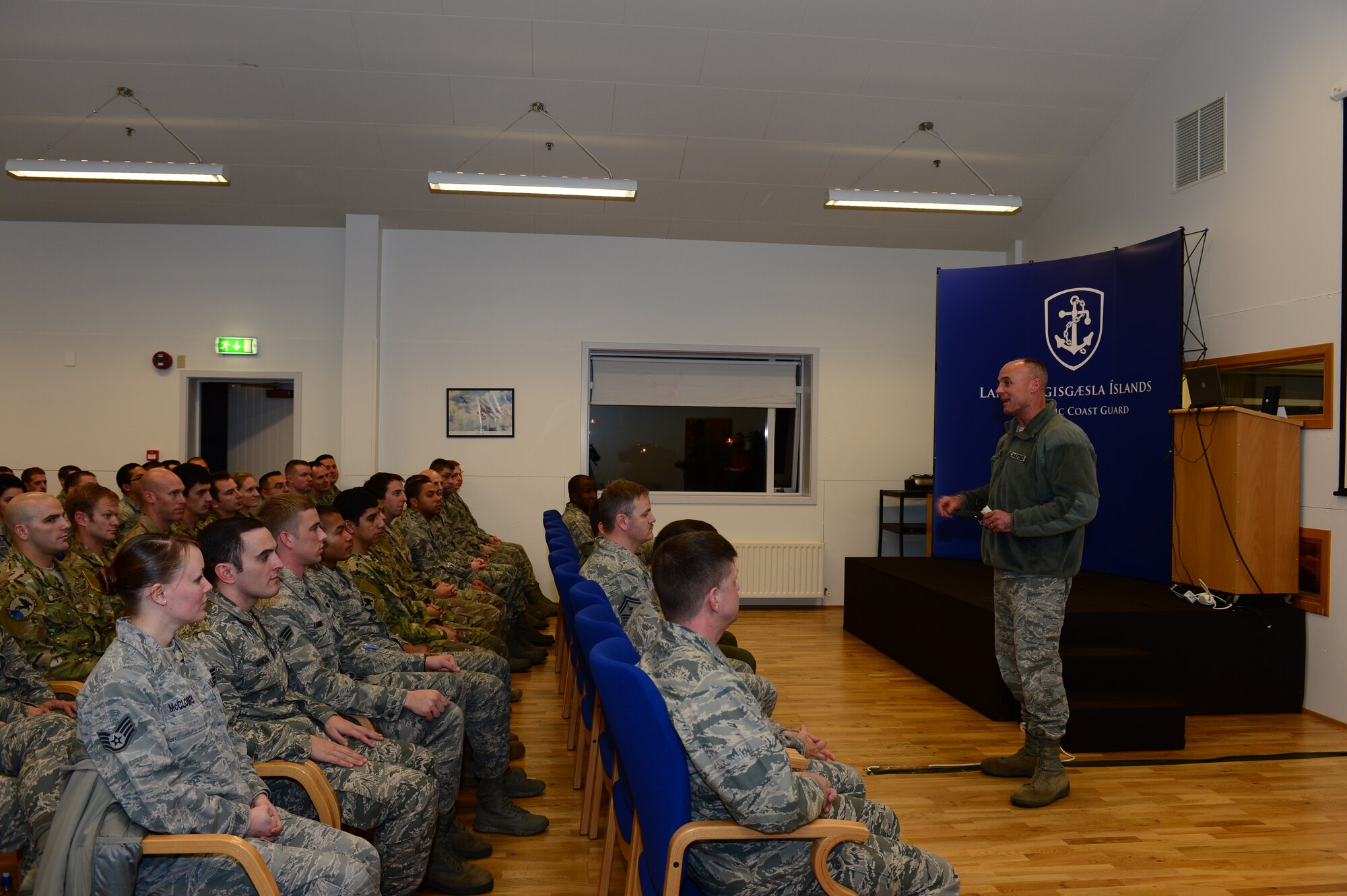Lt. Gen. Craig Franklin, 3rd Air Force and 17th Expeditionary Air Force commander, speaks to Airmen at Keflavik International Airport, Iceland, Nov. 14, 2013. Franklin thanked Airmen for their hard work and dedication during this deployment and reminded Airmen how important the unique mission is here. The 48th Air Expeditionary Group has been maintaining the North Atlantic Treaty Organization air surveillance and policing mission here since Oct. 28, 2013. (U.S. Air Force photo by Airman 1st Class Dana J. Butler/Released) 