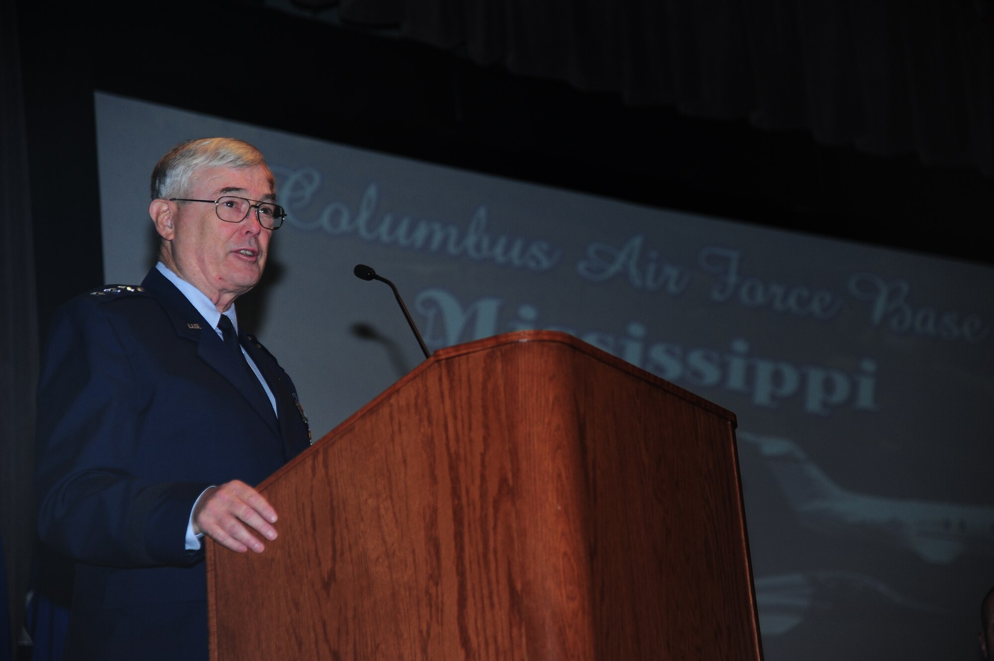 Lt. Gen. Nicholas Kehoe, retired U.S. Air Force, spoke at the Specialized Undergraduate Pilot Training Class 14-02 graduation Nov. 15 at the Kaye Auditorium. Kehoe is currently the President of the Order of Daedalians. The Order of Daedalian's membership of commissioned, warrant and flight officer military pilots and WASPs, with its worldwide network of Daedalian Flights and its comprehensive awards program, supports the military services and other aerospace activities. (U.S. Air Force Photo/Airman 1st Class Daniel Lile)