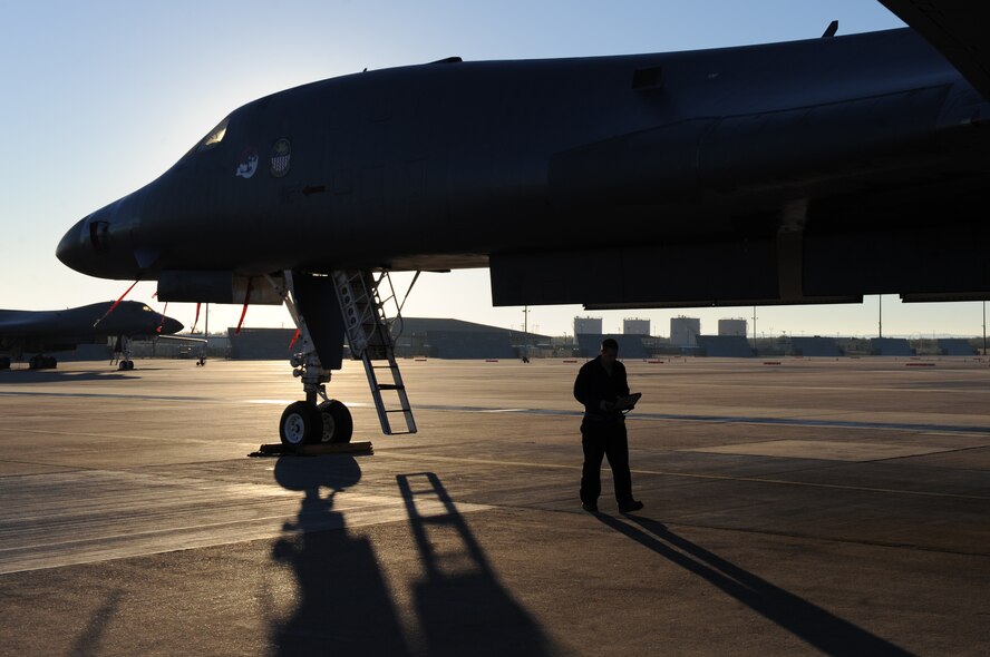 U.S. Air Force Staff Sgt. Ryan Blanton, 7th Aircraft Maintenance Squadron, finishes an inspection of a B-1B Lancer Nov. 17, 2013, at Dyess Air Force Base, Texas. Blanton, a jet engine specialist, was recently selected for a maintenance position on the presidential aircraft fleet. He applied for the special duty assignment after finding out about the opportunity through a fellow Airman who was stationed with him in Southwest Asia. (U.S. Air Force photo by Airman 1st Class Alexander Guerrero/Released)