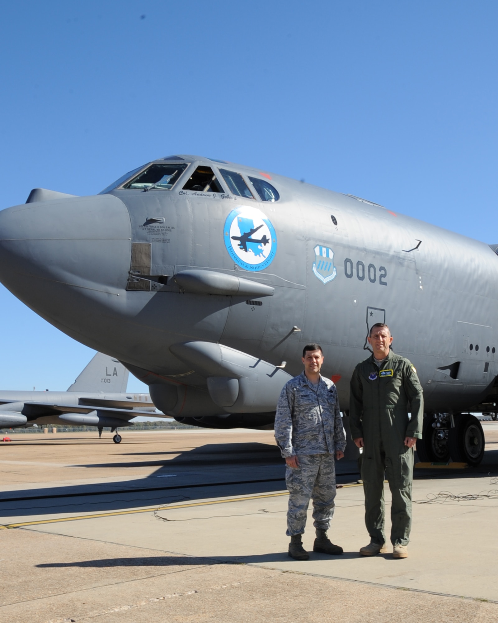 Col. Andrew Gebara, left, 2nd Bomb Wing commander, and Army Brig. Gen. William B. Hickman, Commander of the Joint Readiness Training Center and Fort Polk, La., pose in front of a B-52H Stratofortress on Barksdale Air Force Base, La., Nov. 14, 2013. Hickman visited Barksdale and departed on a B-52H Stratofortress to engage in a close air support training mission in coordination with ground forces at Fort Polk. (U.S. Air Force photo/Senior Airman Sean Martin)