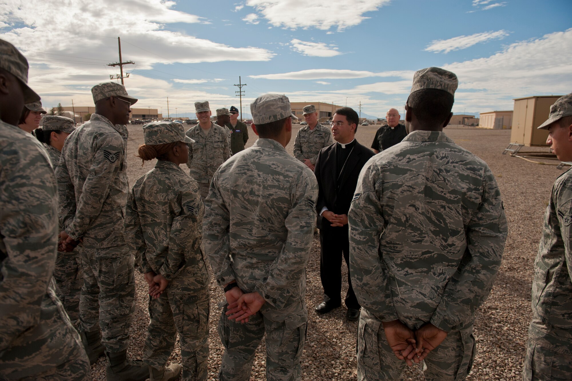 Bishop Oscar Cantu, Roman Catholic Diocese of Las Cruces, N.M., gives his thanks and advice to Airmen of the 49th Materiel Maintenance Group at Holloman Air Force Base, N.M., Nov. 20. Bishop Oscar Cantu has been appointed bishop-designate of the Roman Catholic Diocese of Las Cruces, in Las Cruces, N.M., by Pope Benedict XVI. Cantu was invited to Holloman to hold Catholic mass and to gain insight on the military lifestyle. (U.S. Air Force photo by Airman 1st Class Aaron Montoya/Released)