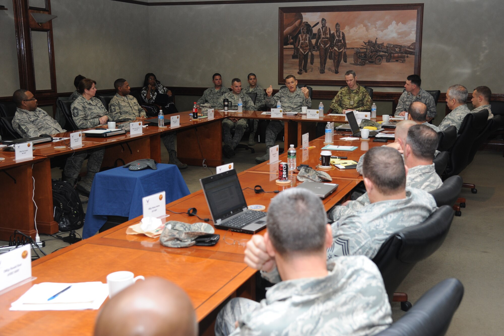 Lt. Gen. Michael Basla, Chief, Information Dominance and Chief Information Officer, Office of the Secretary of the Air Force, the Pentagon, Washington, D.C., leads a biannual IT fundamental specialty training meeting Nov. 21, 2013, at Stennis Hall, Keesler Air Force Base, Miss.  Basla’s two-day visit also included a breakfast with the Armed Forces Communications and Electronics Association Gulf Coast Chapter and tours of the 81st Training Group squadrons.  (U.S. Air Force photo by Kemberly Groue)