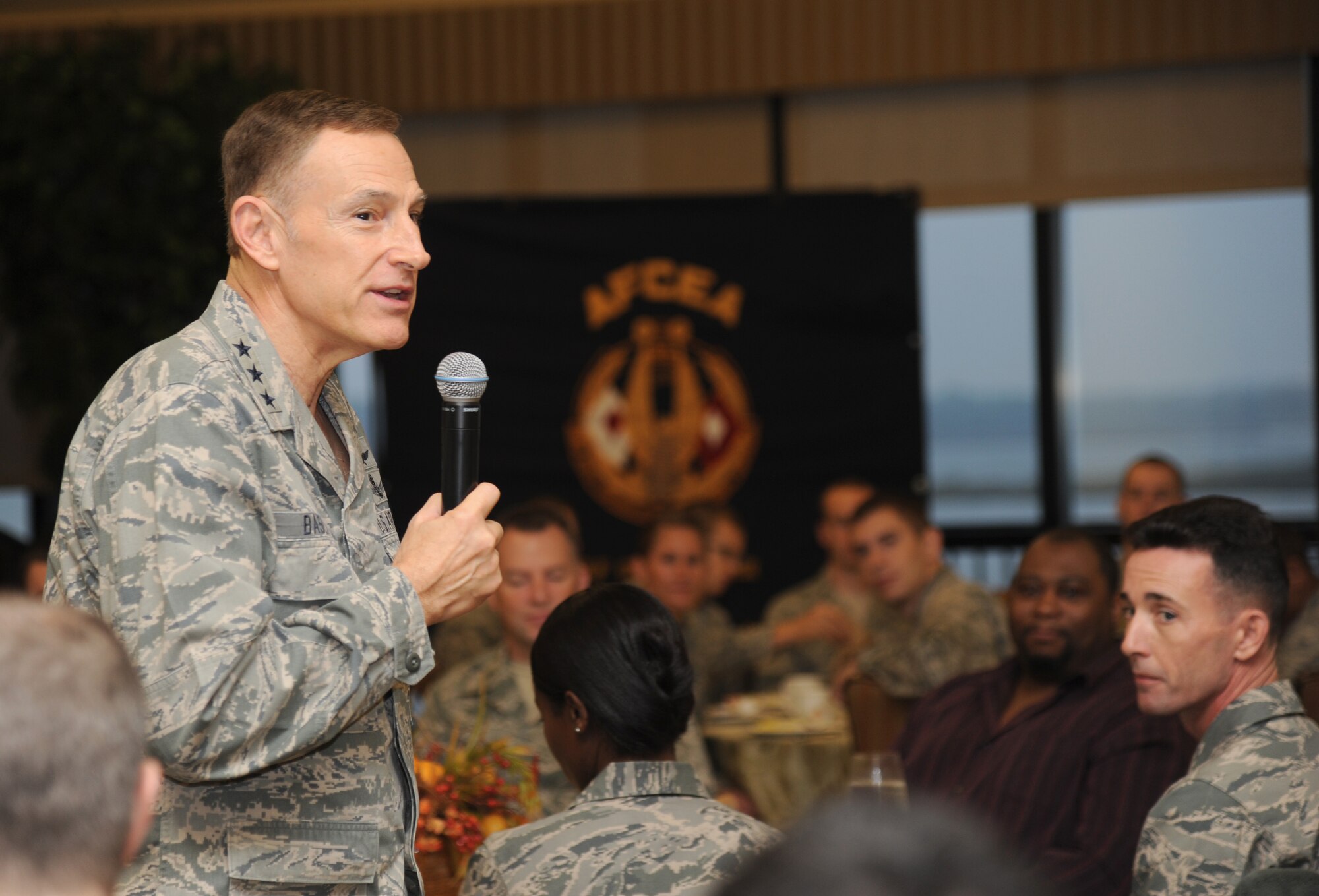 Lt. Gen. Michael Basla, Chief, Information Dominance and Chief Information Officer, Office of the Secretary of the Air Force, the Pentagon, Washington, D.C., speaks to members of the Armed Forces Communications and Electronics Association Gulf Coast Chapter on the current state and future of the cyber domain and its importance to the Air Force Nov. 21, 2013, at the Bay Breeze Event Center, Keesler Air Force Base, Miss.  Basla’s two-day visit also included tours of the 81st Training Group squadron and the 333rd Training Squadron.  (U.S. Air Force photo by Kemberly Groue)