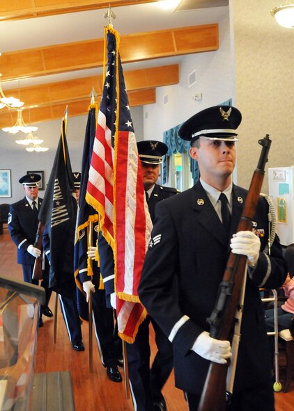 Senior Airman Trevor Livingston leads members of the Montana Air National Guard Honor Guard team as they retire the colors during The Lodge Retirement and Care Center’s annual Veterans Day ceremony in Great Falls, Mont. on Nov. 11, 2013.  National Guard photo/Senior Master Sgt. Eric Peterson.