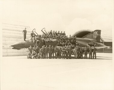 Air crew members of the 480th Tactical Fighter Wing, stand in front of an aircraft September 1970 at Phu Cat Air Base, South Vietnam. (Photo Courtesy of 12th Flying Training Wing)