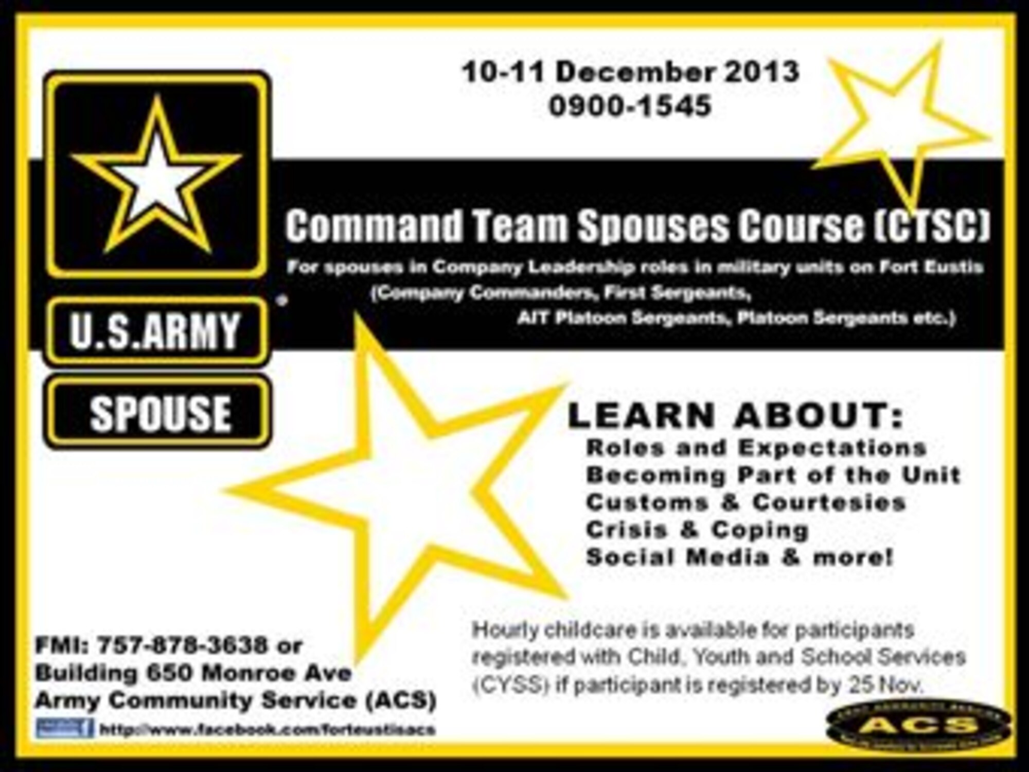 The Command Team Spouses Course educates veteran spouses about their roles within the unit as a leader’s spouse. In addition to the presentation, participants will be able to talk with spouses already in leadership positions to better understand their roles. (Graphic courtesy of Fort Eustis Army Community Service)