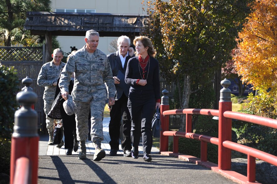 Caroline Kennedy, U.S. Ambassador to Japan, speaks with Lt. Gen. Sam Angellela, U.S. Forces, Japan commander, prior to departing Yokota Air Base, Japan, Nov. 21, 2013. Kennedy learned about the mission of USFJ and also thanked military members for their service during her visit. (U.S. Air Force photo by Senior Airman Desiree Economides/Released)