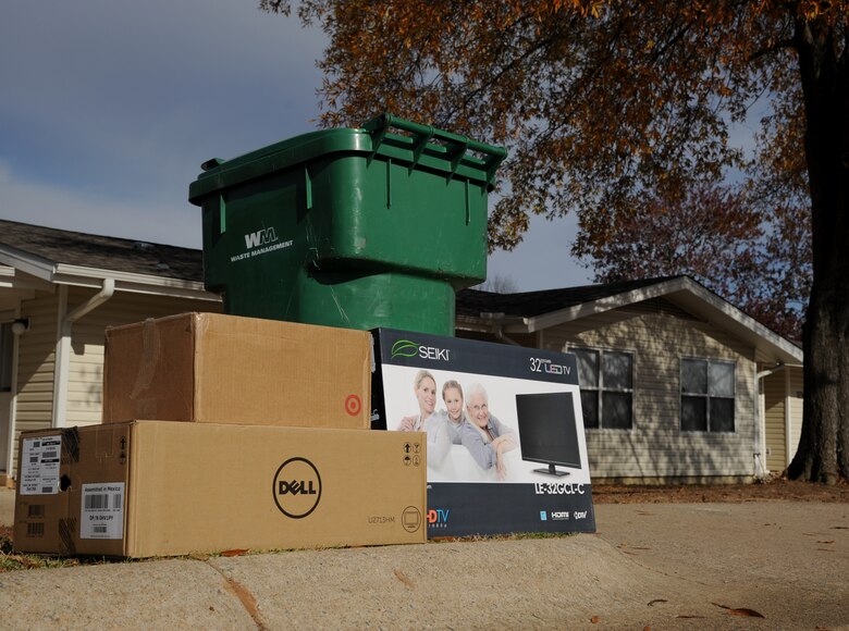 Placing gift boxes in your trash informs thieves of recently bought items. Break down or hide boxes to not provide a display to potential burglars. (U.S. Air Force photo by Airman 1st Class Harry Brexel)