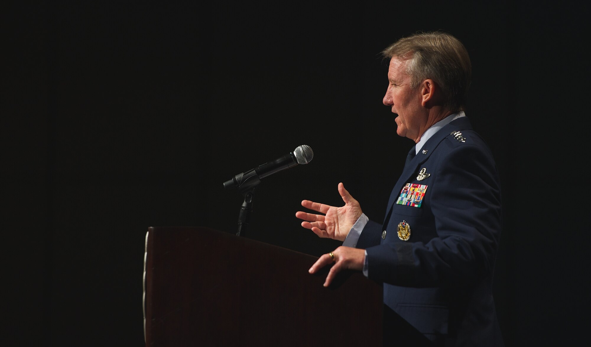 Gen. Herbert J. "Hawk" Carlisle (left) answers a question to Jerry White Nov. 21, 2013, during the Air Force Association’s 2013 Pacific Air & Space Symposium held in Los Angeles, Calif. Carlisle's remarks focused on the U.S. strategic rebalance of forces and contributions of Airmen in the Asia-Pacific region. Carlisle is the commander of Pacific Air Forces and White is the vice chairman of the board for aerospace education with the AFA. 