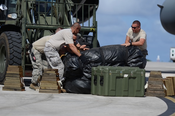 Airmen from the 36th Contingency Response Group rearrange equipment on a forklift Nov. 15, 2013, on the Andersen Air Force Base, Guam, flightline before departing to support Operation Damayan in Tacloban City, Philippines. Operation Damayan is a U.S. humanitarian aid and disaster relief effort to support the Philippines in the wake of the devastating effects of Typhoon Haiyan. 