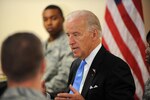 Vice President Joe Biden speaks to troops at Whiteman Air Force Base, Mo. Biden said the nation owes them their gratitude and support for their service in Afghanistan, Iraq, and Bosnia, April 16, 2009.