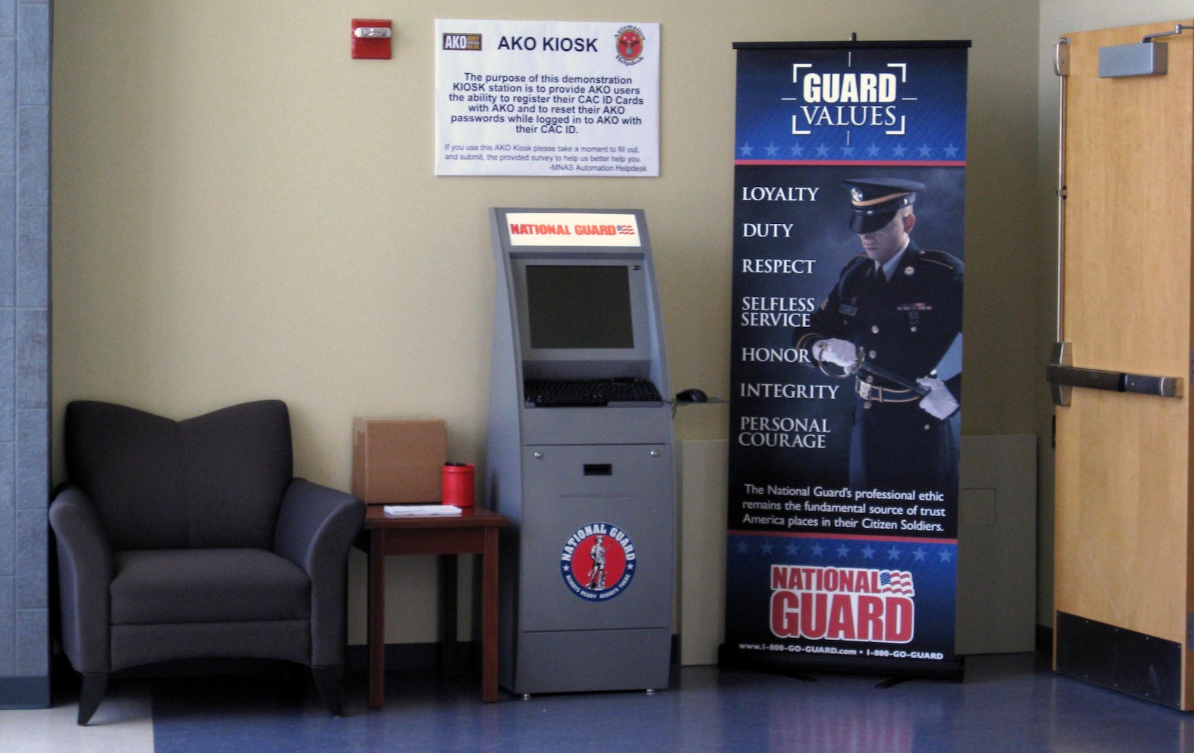 A test model of CAC-enabled kiosk stands at the New York National Guard Joint Force Headquarters in Latham, N.Y. The Army National Guard is installing thousands of these kiosks at armories and reserve centers in all 54 states and territories. More than $3.5 million has been allocated for about 8,400 kiosks around the country.