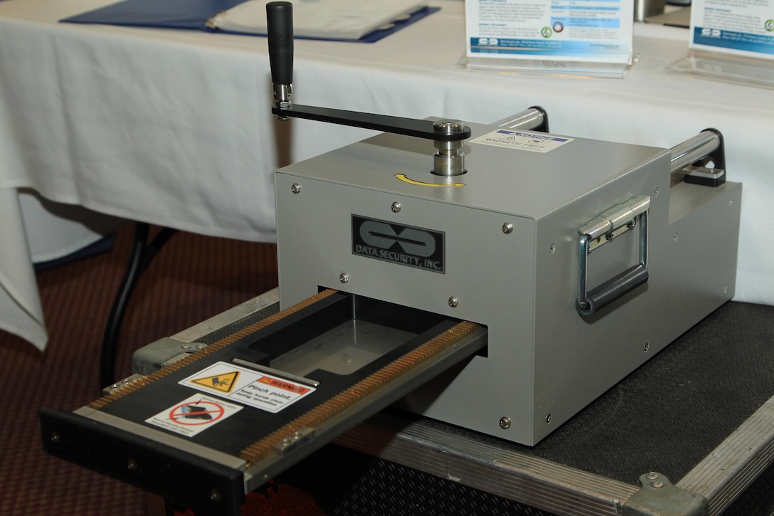 A deployable degausser, manufactured by Data Security Inc., is showcased during a technology exposition at the Officers' Club Nov. 19, 2013.



