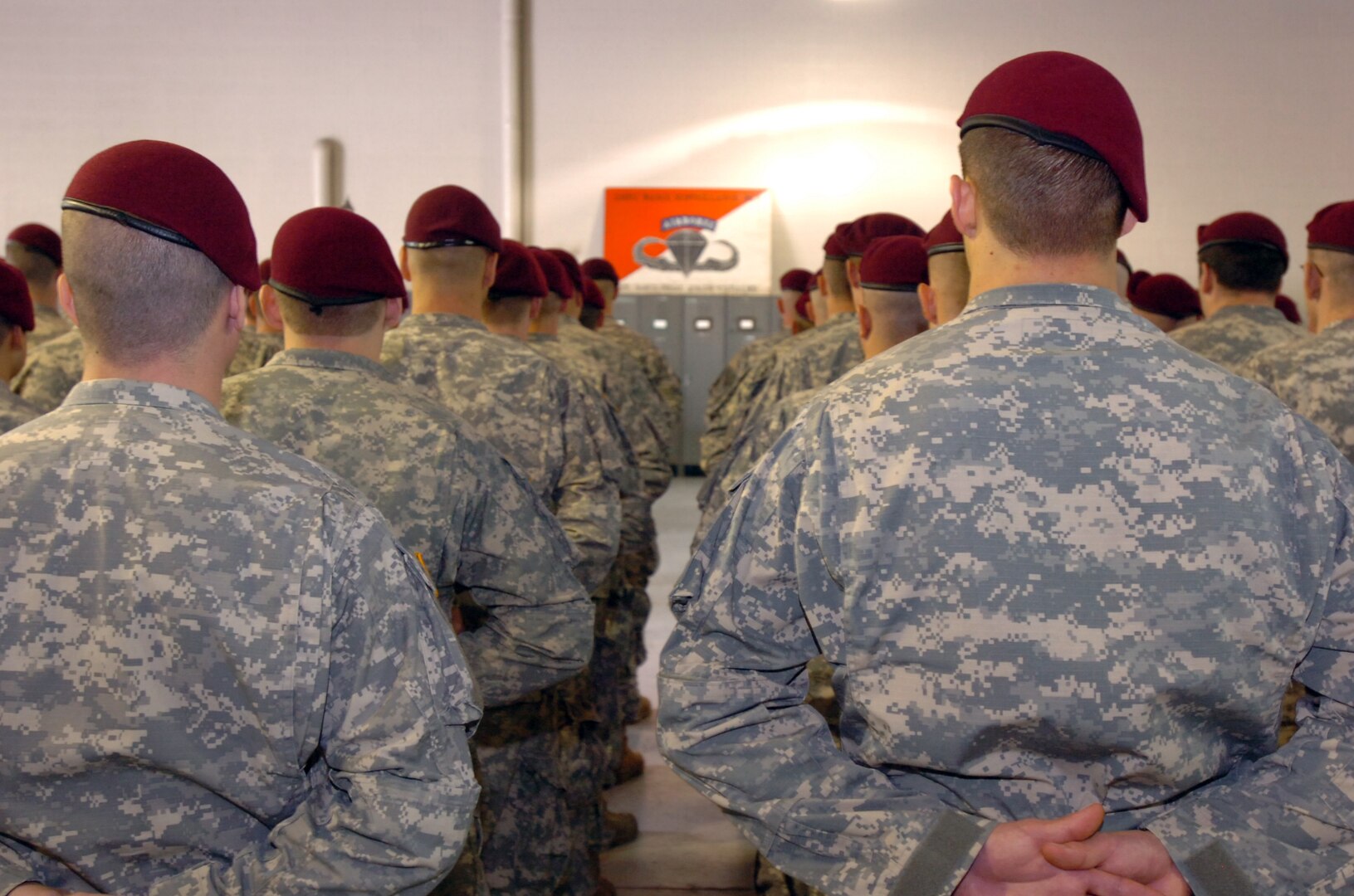 Soldiers of Troop C, 1st Squadron, 158th Cavalry Regiment, Maryland National Guard, stand at ease during a ceremony unifying and repurposing the troop. Soldiers of the unit will now add Long Range Surveillance duties to their reconnaissance specialties, which include combat diving, high-altitude, low-opening parachuting, and Airborne capabilities to support the 58th Battlefield Surveillance Brigade.