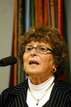 Elzbieta Strassburger recounts her experiences as a child in Poland during the years of the Holocaust during a presentation at the Army National Guard Readiness Center in Arlington, Va., Thursday, April 30, 2009. Strassburger, born in 1938 in Poland, spent several years living with her mother under an assumed name before finally being reunited with her father in Italy after the war. The family emigrated to the United States where they settled with an aunt, the only other family member to survive. Strassburger, who went on to earn a master's degree in social work and work with troubled children, volunteers at the U.S. Holocaust Memorial Museum in Washington, D.C., where she speaks about her experiences as a child.