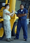 Aircraft maintenance airmen from the Air National Guard's 115th Fighter Wing in Madison, Wis. worked along side their naval counterparts from the Strike Fighter Squadron 2 (VFA-2), Naval Air Station Lemoore, Calif. Staff Sgt. David Bizefski, an F-16C Fighting Falcon crew chief from the 115th FW, and Petty Officer 3rd Class Sammy Holmes, aviation administration from VFA-2, share experiences during a two-week air-to-air combat skills training mission at NAS Key West, Fla.