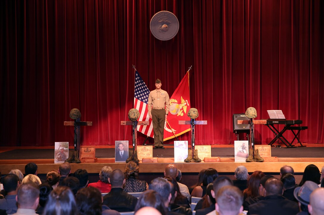 A Memorial service was held at the Base Theatre at 10 a.m. today in honor of Gunnery Sgt. Gregory J. Mullins, Staff Sgt. Mathew R. Marsh, Sgt. Miguel Ortiz and Staff Sgt. Eric W. Summers.

The four Explosive Ordnance Disposal Marines were killed in an explosion at approximately 11 a.m. November 13 during range maintenance operations to dispose of unexploded ordnance in the Zulu impact area aboard Marine Corps Base Camp Pendleton.

"Today, we pause for a moment to remember our fallen comrades: their lives, service and sacrifice. We, their Marine Family, mourn alongside their loved ones. We will always remember their commitment and devotion to duty," said Brig. Gen. John W. Bullard, Commanding General, Marine Corps Installations West- Marine Corps Base Camp Pendleton.