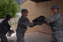 Soldiers with the Alpha Company Aztecs, 79th BSTB, Task Force Nightstalkers, and with Liaison Monitoring Team One Task Force LMT move sandbags from a Hercules Engineering Solutions Consortium (HESCO) barrier during a mission to beautify the Kamenica Cultural Center in Kamenica/Kamenice, Kosovo.