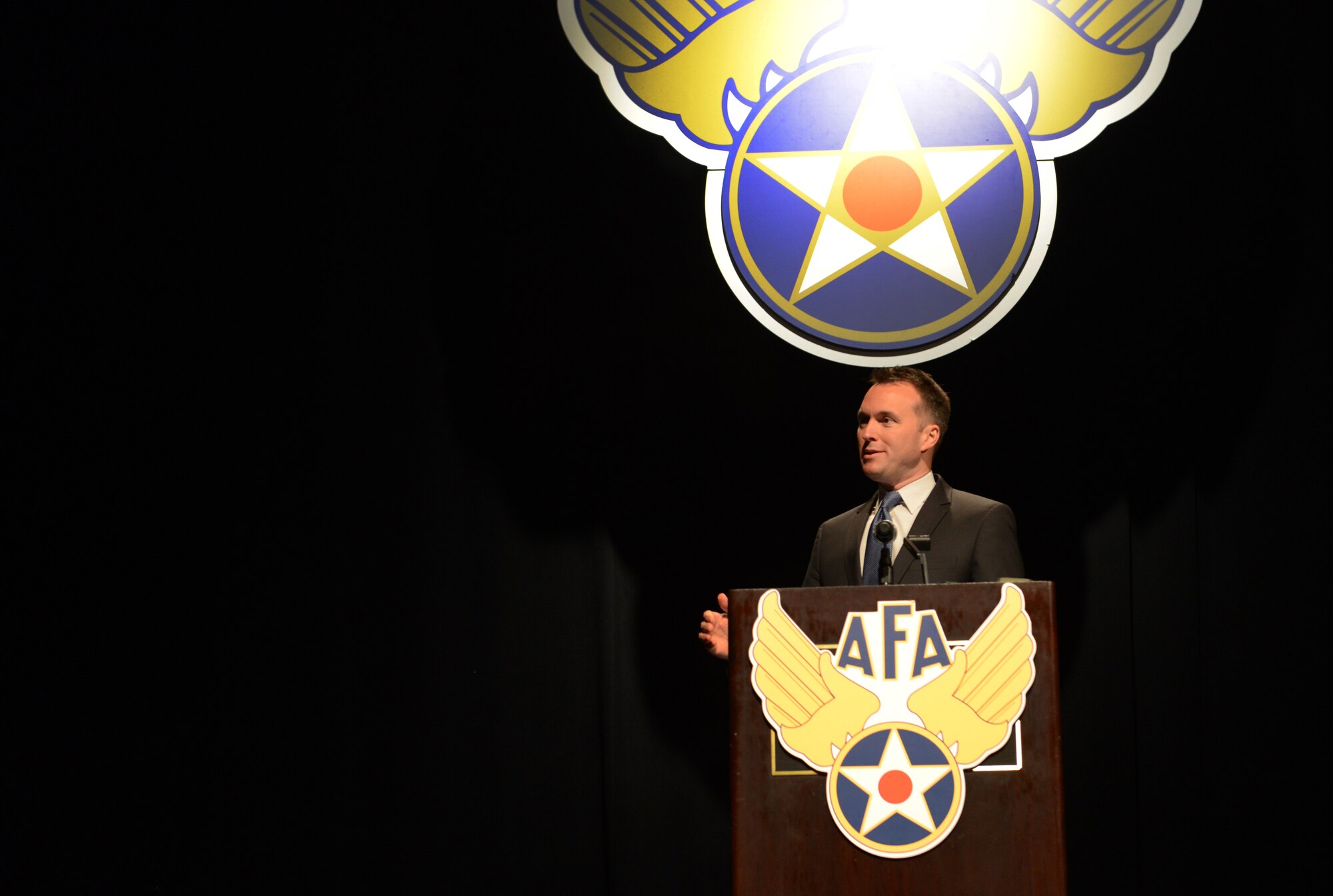 Acting Secretary of the Air Force Eric Fanning, addresses members of the Air Force Association Nov 22, 2013, during the AFA Pacific Air & Space Symposium, Los Angeles, Calif. Fanning spoke on the state of the force and the Air Force’s position in space and cyberspace.