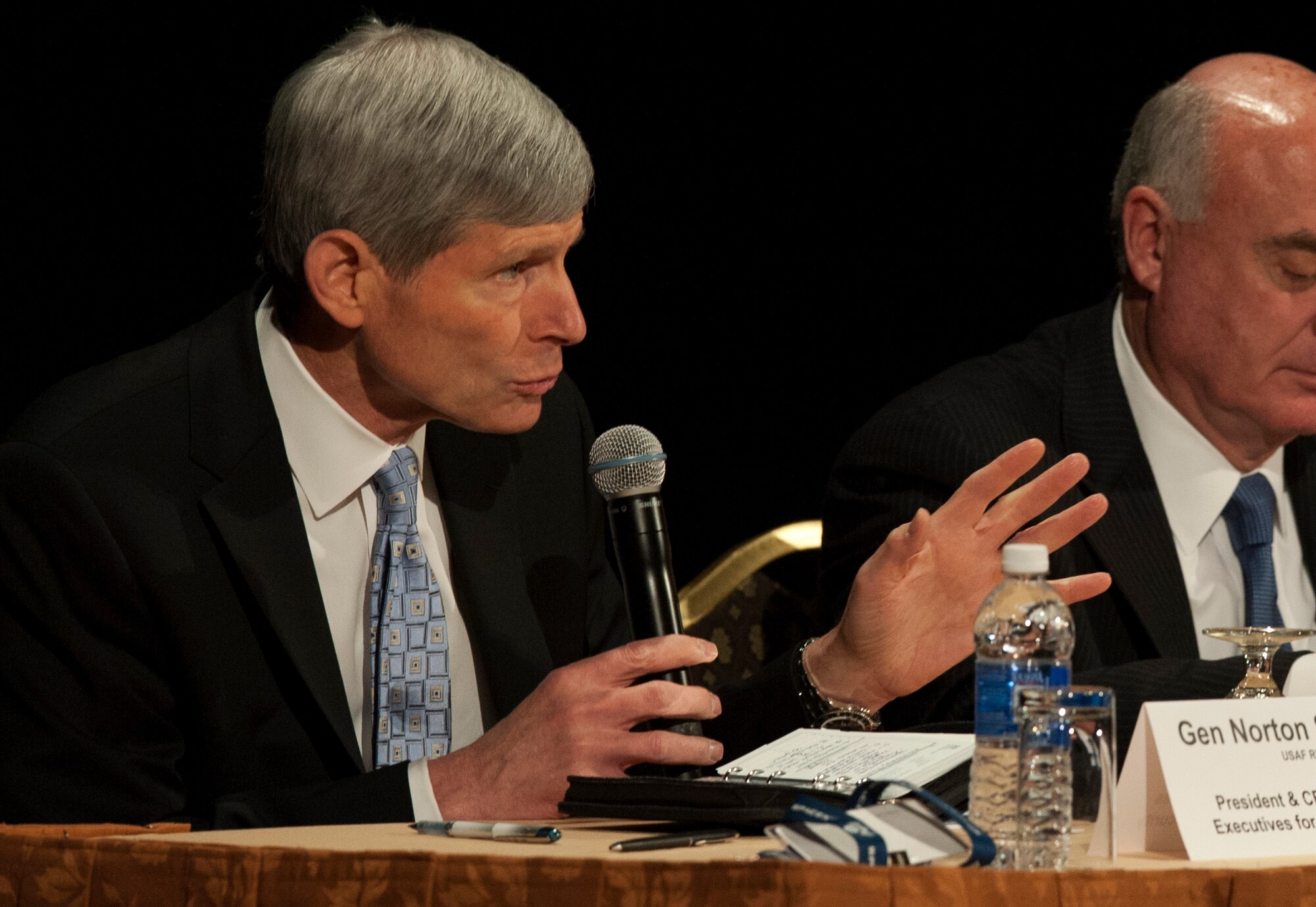 Retired Gen. Norton Schwartz, a former Air Force chief of staff, provides opening comments Nov 22, 2013, during an Air Force Association Pacific Air and Space Symposium panel, Los Angeles, Calif. The panel covered the future of air and space operations in the Pacific, to include coalition forces, and readiness and response in the Pacific.