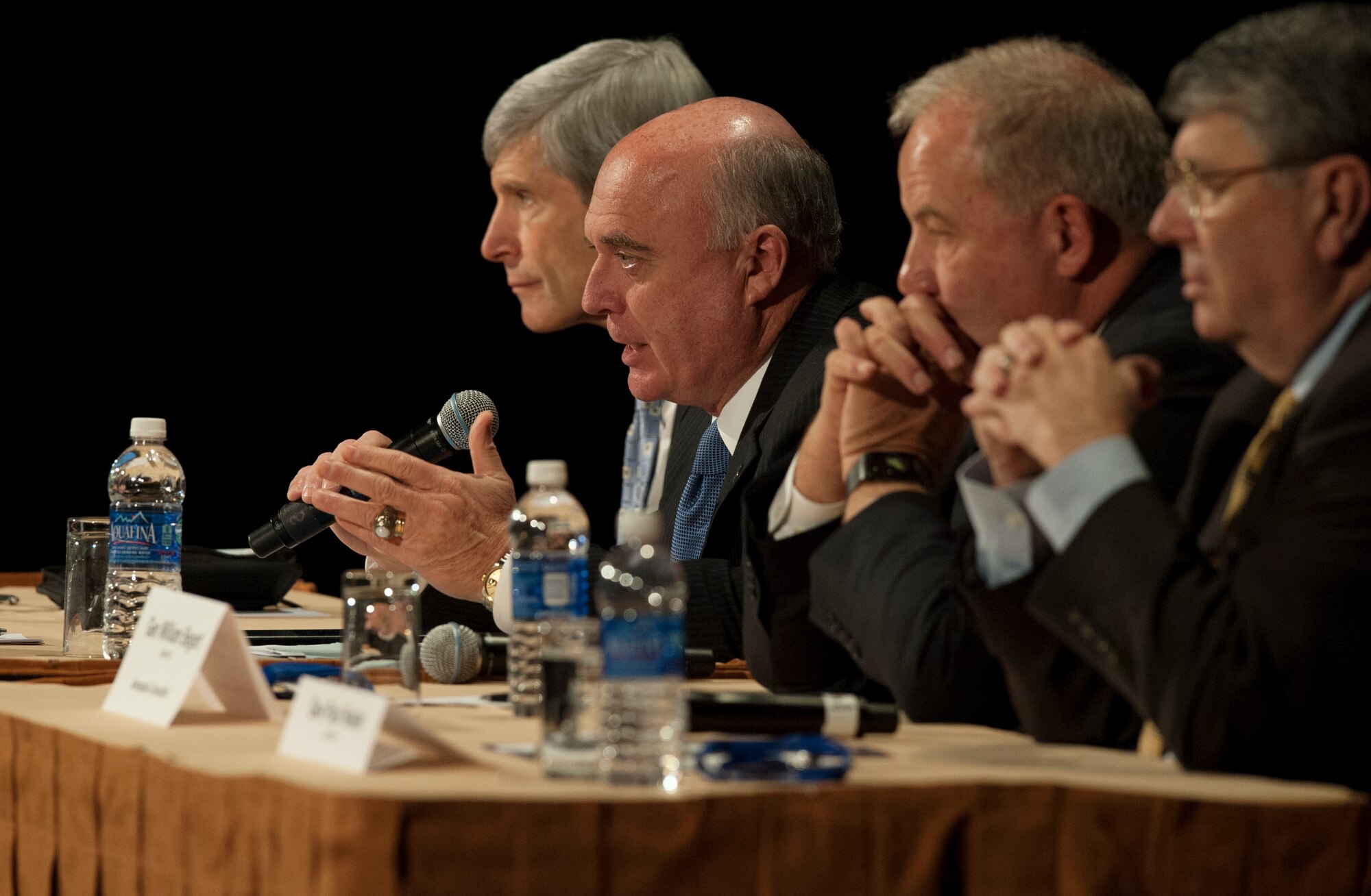 From left, retired Generals Norton Schwartz, Carrol Chandler, William Begert and Paul Hester, address members of the Air Force Association Nov 22, 2013, during a panel as part of the AFA Pacific Air and Space Symposium in Los Angeles, Calif. The panel discussed the future of air and space operations in the Pacific, to include coalition forces, and readiness and response in the Pacific.