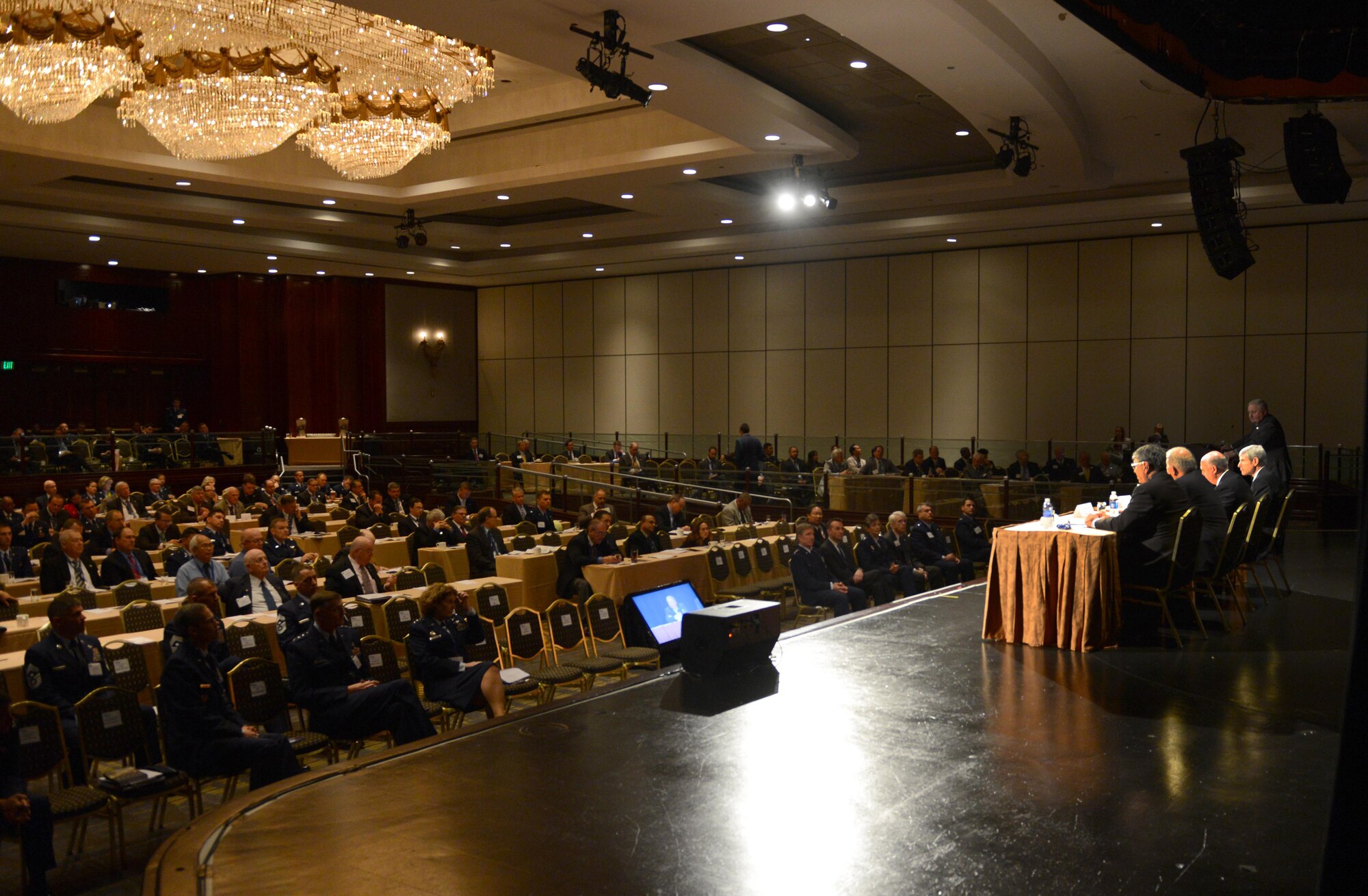 From right, retired Generals Norton Schwartz, Carrol Chandler, William Begert and Paul Hester, address members of the Air Force Association Nov. 22, 2013, during a panel as part of the AFA Pacific Air and Space Symposium in Los Angeles, Calif. The panel discussed the future of air and space operations in the Pacific, to include coalition forces, and readiness and response in the Pacific. 
