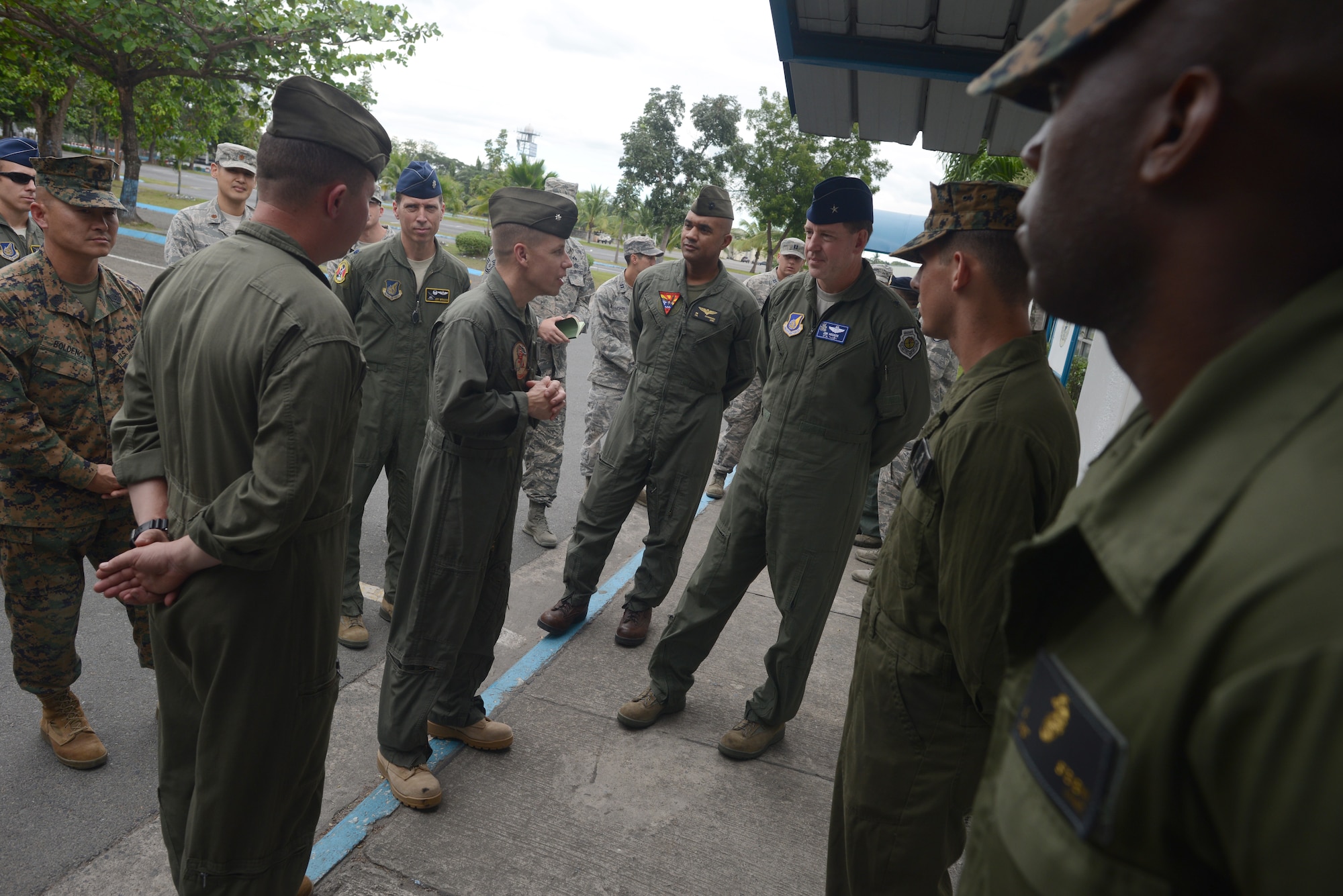 Brig. Gen. James Hecker, commander of Air Coordination Component Element, Joint Task Force 505, thanks Marines from Marine Aircraft Group 36, Marine Air Corps Station Futenma, Okinawa, Japan, for their continued hard work in support of Operation Damayan at Clark Air Base, Republic of the Philippines, Nov. 21, 2013. (U.S. Air Force photo by 2nd Lt. Jake Bailey/Released)