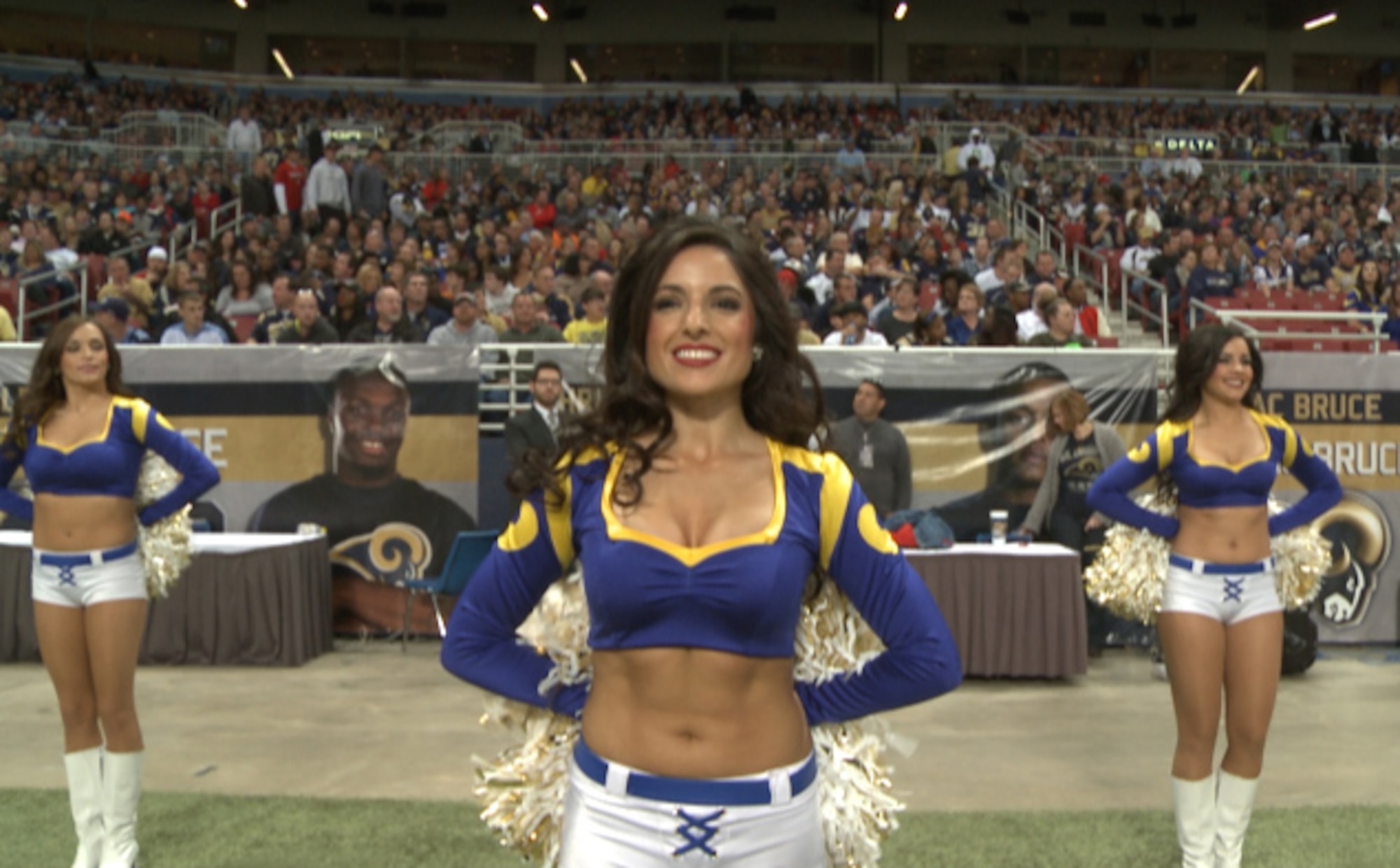 Cap. Michelle Kolcun, 375th Medical Group healthcare  manager, was selected to be a cheerleader for Rams and has been supporting the team during games played at home since June. She began cheerleading while attending school at the Air Force Academy and has since been on three pro and semi-pro cheer squads. (Courtesy photo).