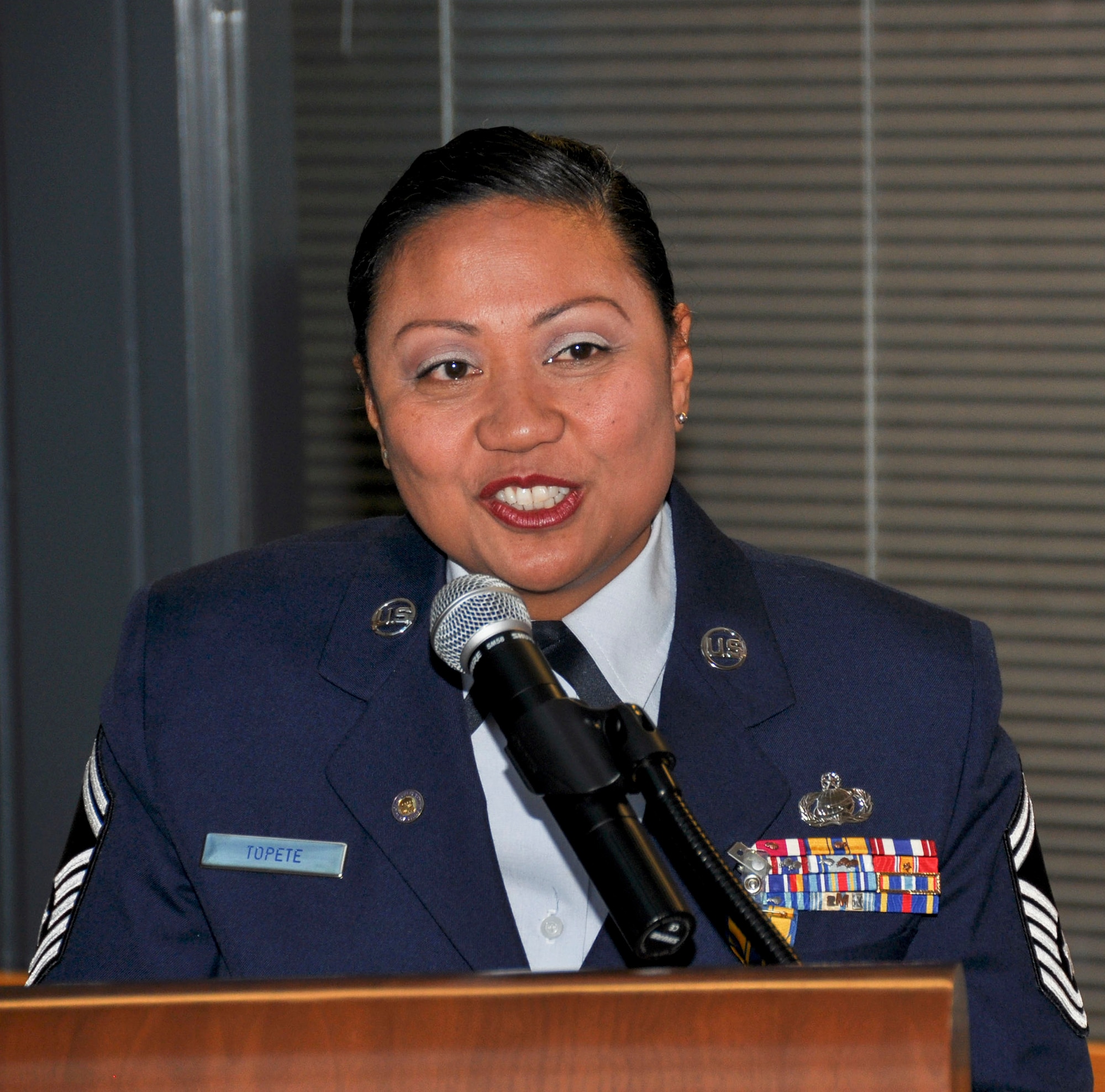 TRAVIS AIR FORCE BASE, Calif. -- Senior Master Sgt. Dahlia Topete, on the occasion of her retirement from the U.S. Air Force Reserve Nov. 16, 2013, at Travis Air Force Base, Calif. (U.S. Air Force photo by Tech. Sgt. Rachel Martinez/Released)