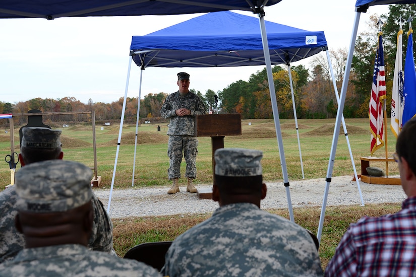 U.S. Army Col. William Galbraith, 733rd Mission Support Group commander, addresses the crowd during the privately-owned weapons range ribbon cutting ceremony at Fort Eustis, Va., Nov. 22, 2013. Authorized users are permitted to sponsor one individual at a time and the annual fee to use the range is $30. (U.S. Air Force photo by Staff Sgt. Ashley Hawkins/Released)