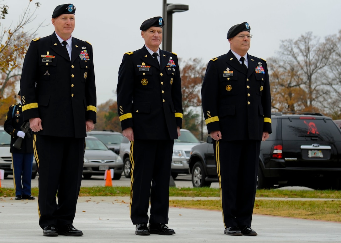 From left, U.S. Army Gen. Robert Cone, Training and Doctrine Command commanding general, Maj. Gen. Bradley May, former Initial Military Training Center of Excellence deputy commanding general, and Maj. Gen. Ross Ridge, IMT deputy commanding general, stand at attention during a change of responsibility and May’s retirement ceremony at Fort Eustis, Va., Nov. 22, 2013.  A change of responsibility ceremony traditionally represents the transfer of authority from one person to another, ensuring the unit and its Soldiers are never without leadership. (U.S. Air Force photo by Airman 1st Class Austin Harvill/Released)